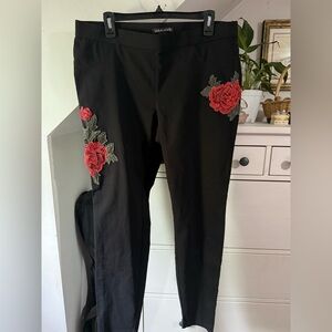Black Womens Pants with Red Rose Embroidery size 14